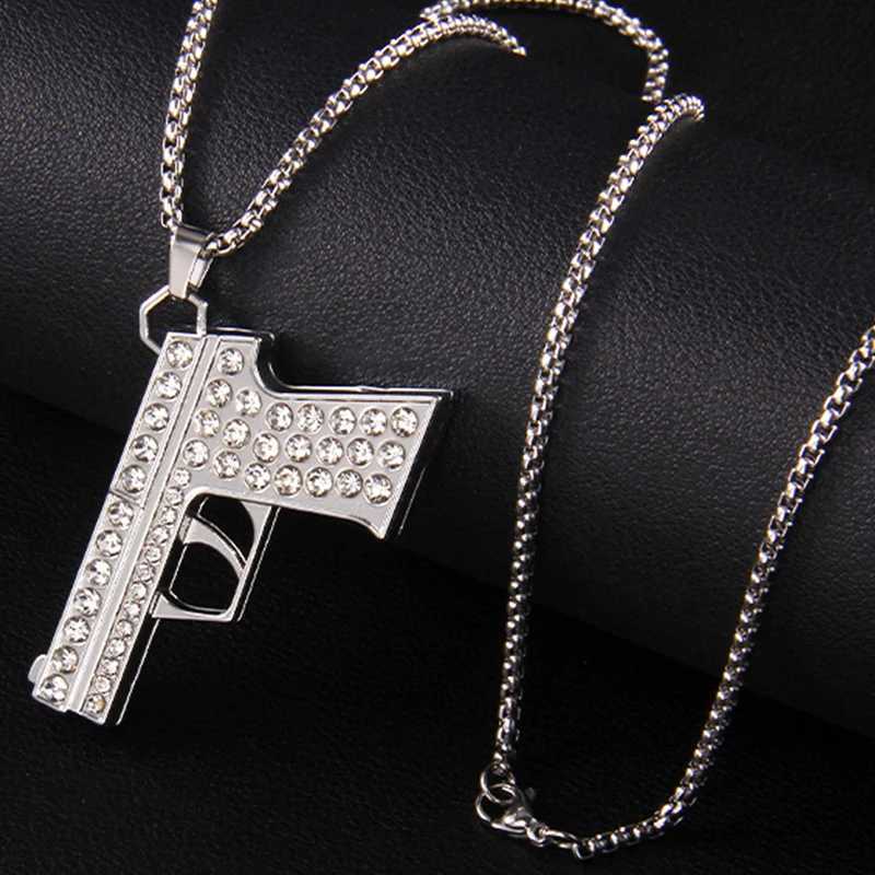 TrendMen Hiphop Rock Pistol Diving Rifle Pendant Necklace Mens and Boys Gold Metal Kravik Chain Jewelry Y250329