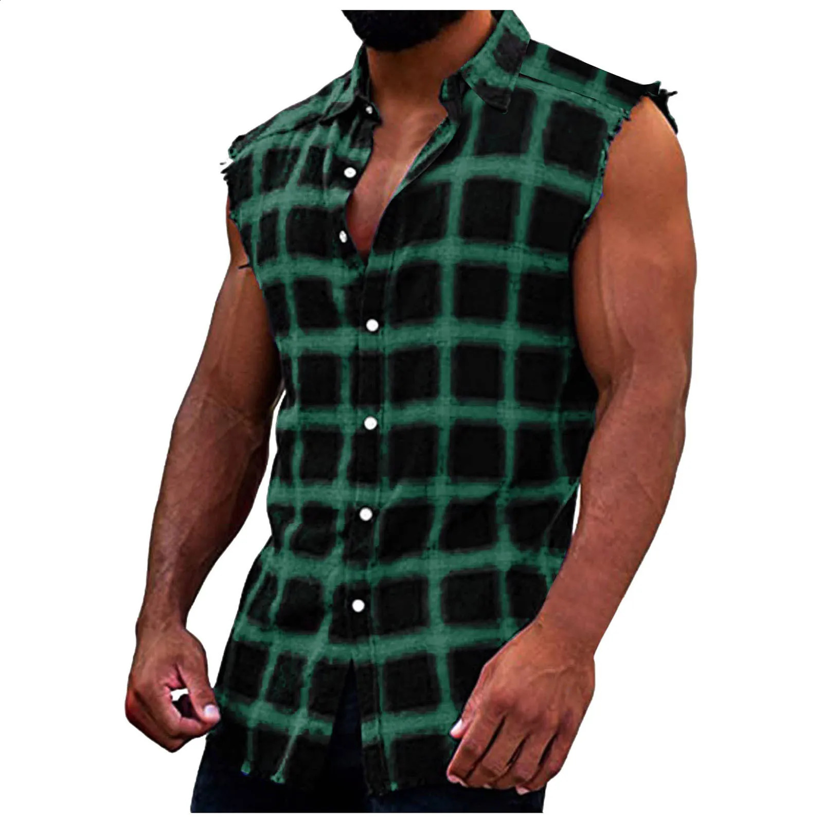 Mens sleeveless flannel vest casual loose button denim flat top up shirt plus size Camiseta Masculina Playeras 250322Z