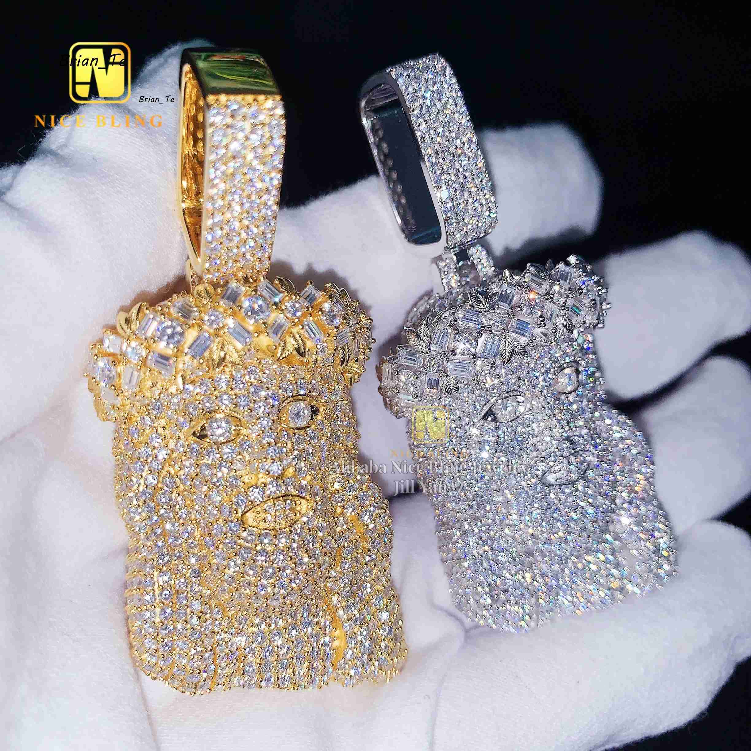 Baguette Cut Chaplet Jesus Pendant Real 3d Face Portrait Hip Pop Pendant Real Gold Plated 925 Moissanite Jesus Head Pendant