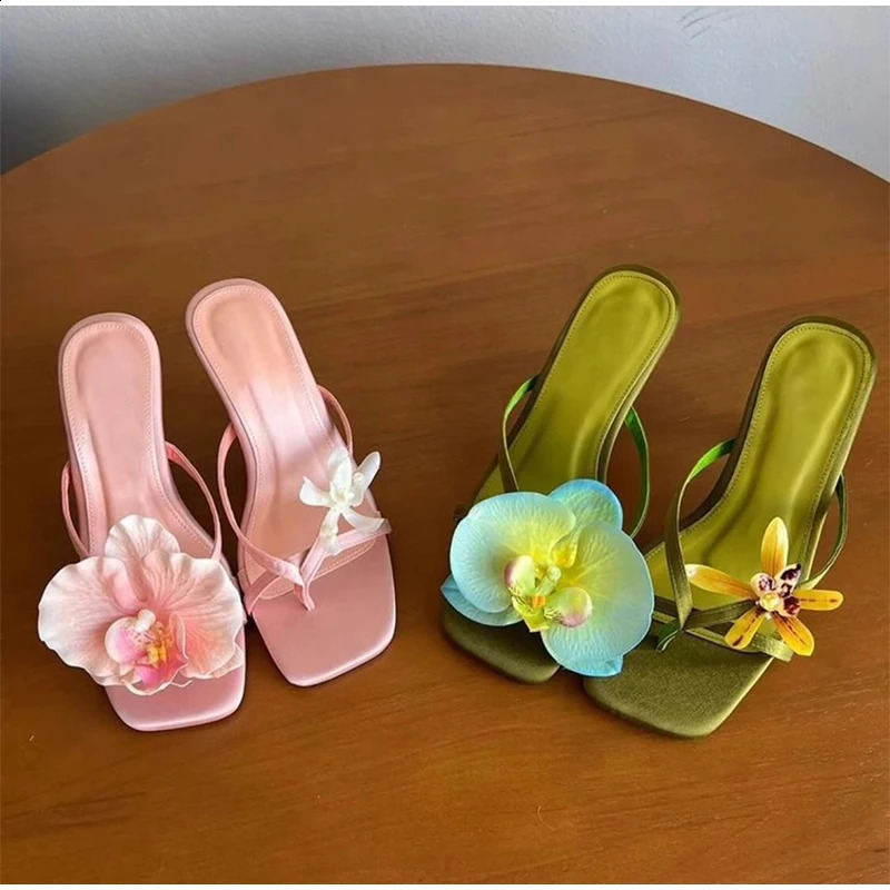 Sweet Flower Women Sandal Green Handmade Asymmetrical Satin Leather Stiletto Half-slip High Heels Summer Flip Flops 250328