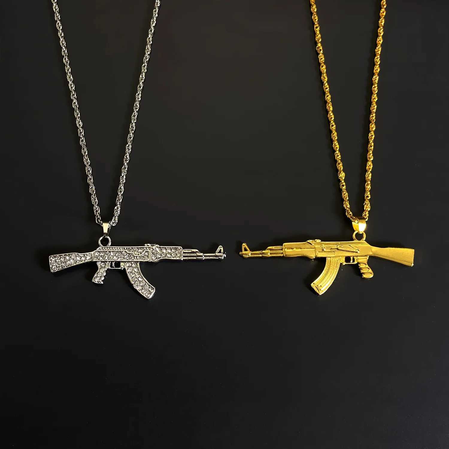 ZAKOL Hiphop Rock AK47 rifle and gun pendant necklace suitable for men women crystal metal Kravik chains suffocation parties daily jewelry gifts Y2503