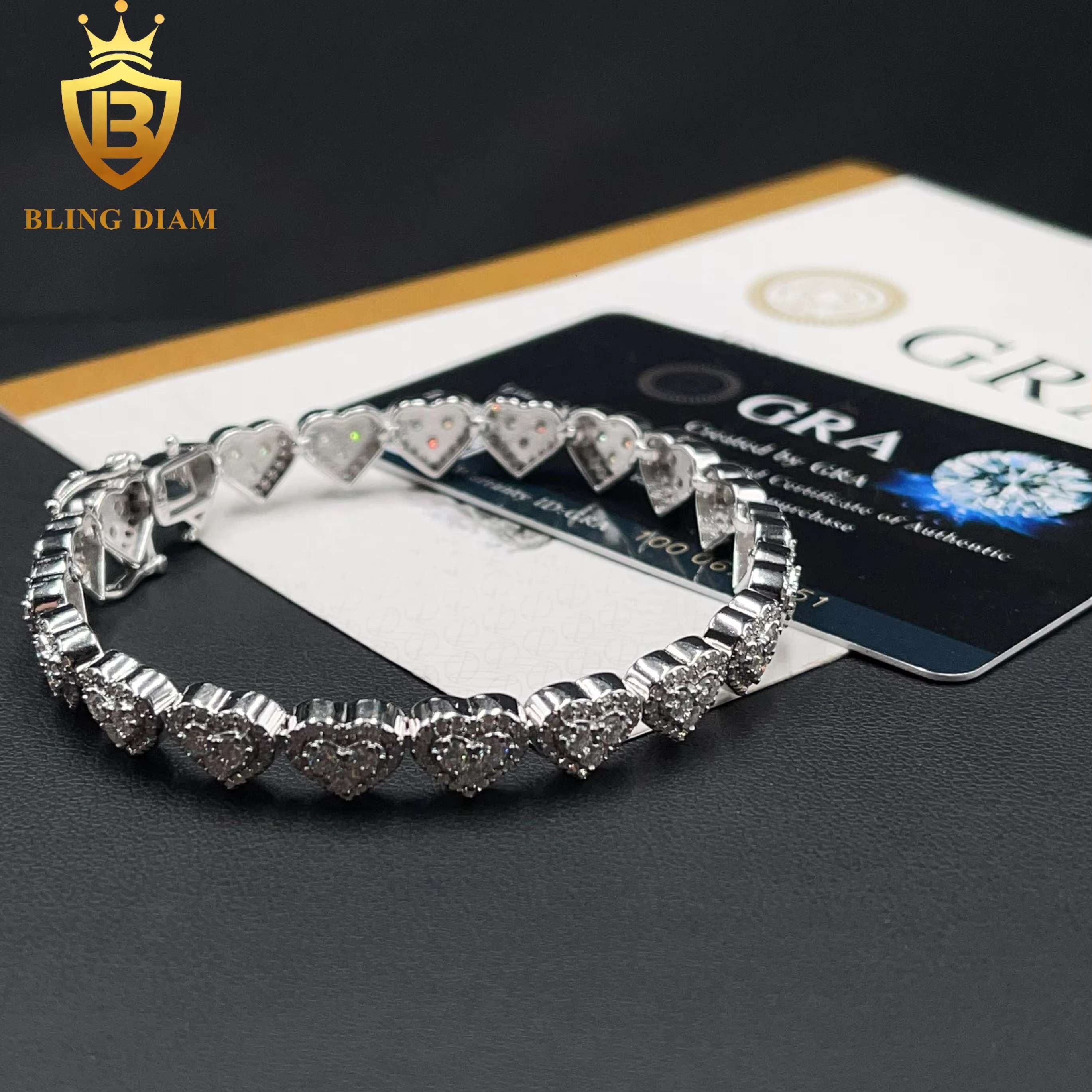Fashion Jewelry 925 Sterling Silver VVS Moissanite Heart Shape Cuban Tennis Chain 8mm Necklace Bracelet