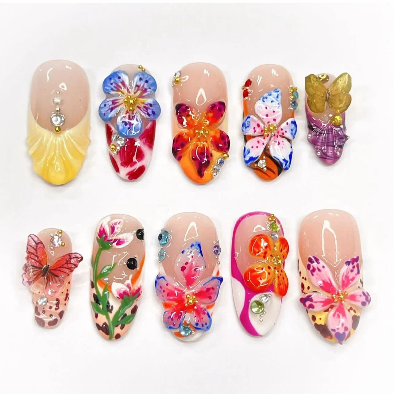 24Pcs Sweet Cool Almond Nail Set Press on Acrylic Nails 3D Floral Butterfly Fake Nail Full Cover French Tip Artificial Nails Art 250328