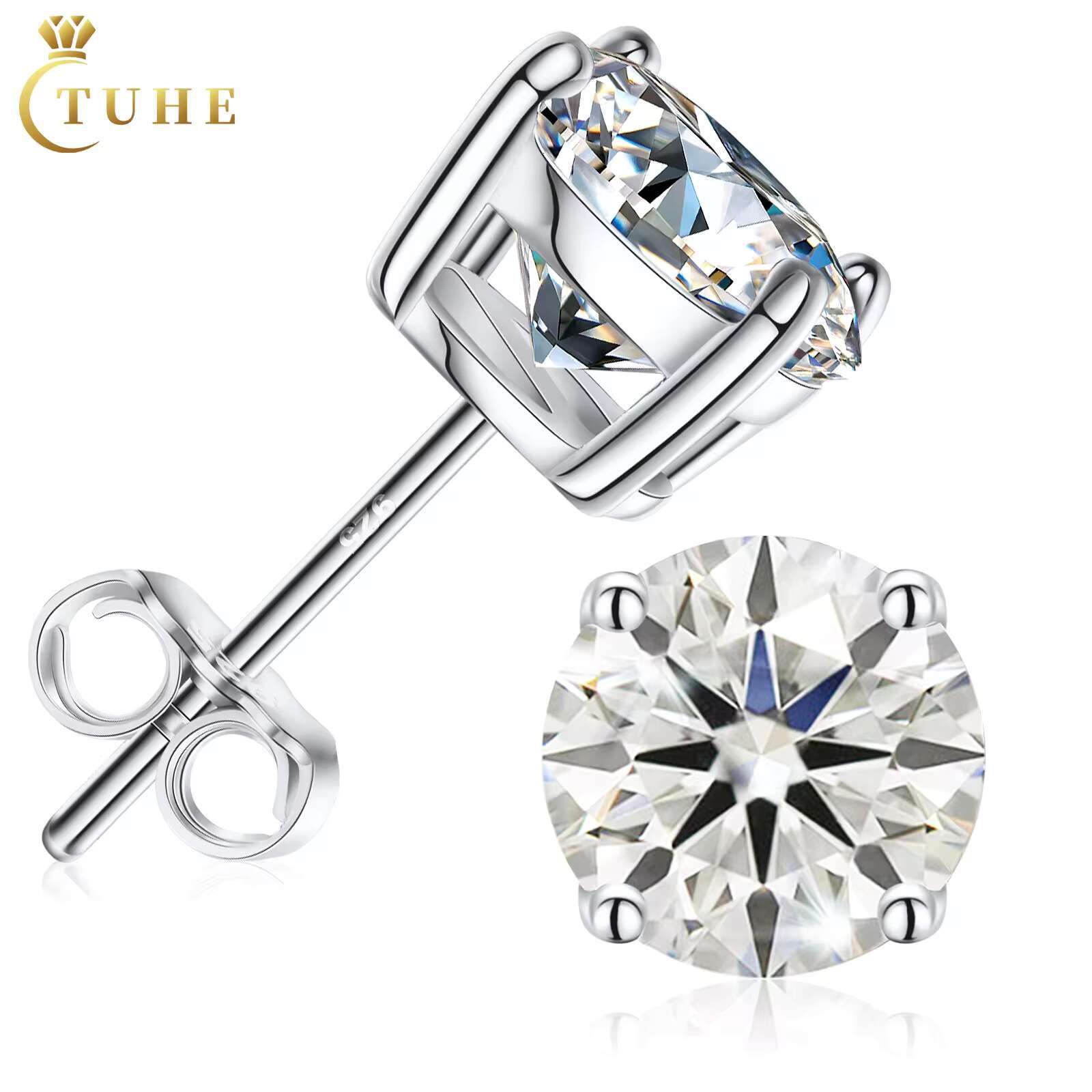 Push Back 0.1ct-4ct Classic 4 Prong Moissanite Stud Earrings White Gold 925 Sterling Silver VVS Mossanite Diamond Men Women