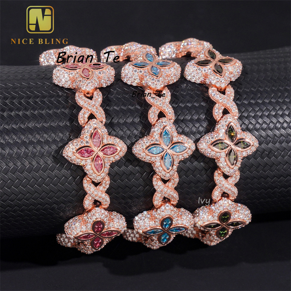 Rich Color Luxury Flower Design 18mm Custom Iced Out Hip Hop Unisex Jewelry Cuban Link Chain 925 Silver VVS Moissanite Bracelet