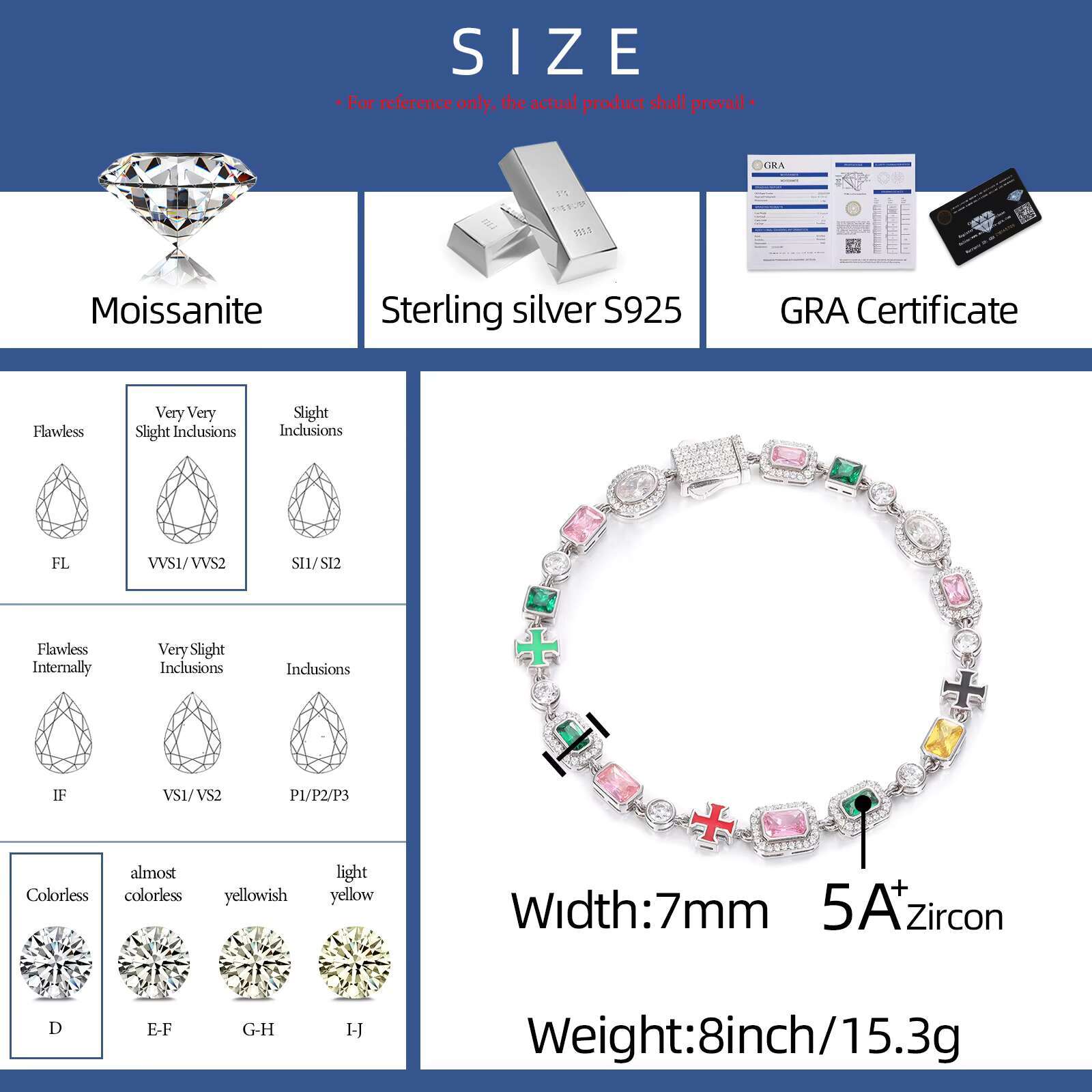 Minimal Party Jewelry White Gold 7mm 925 Sterling Silver VVS Moissanite Colored Gemstone Cluster Enamel Cross Tennis Bracelet