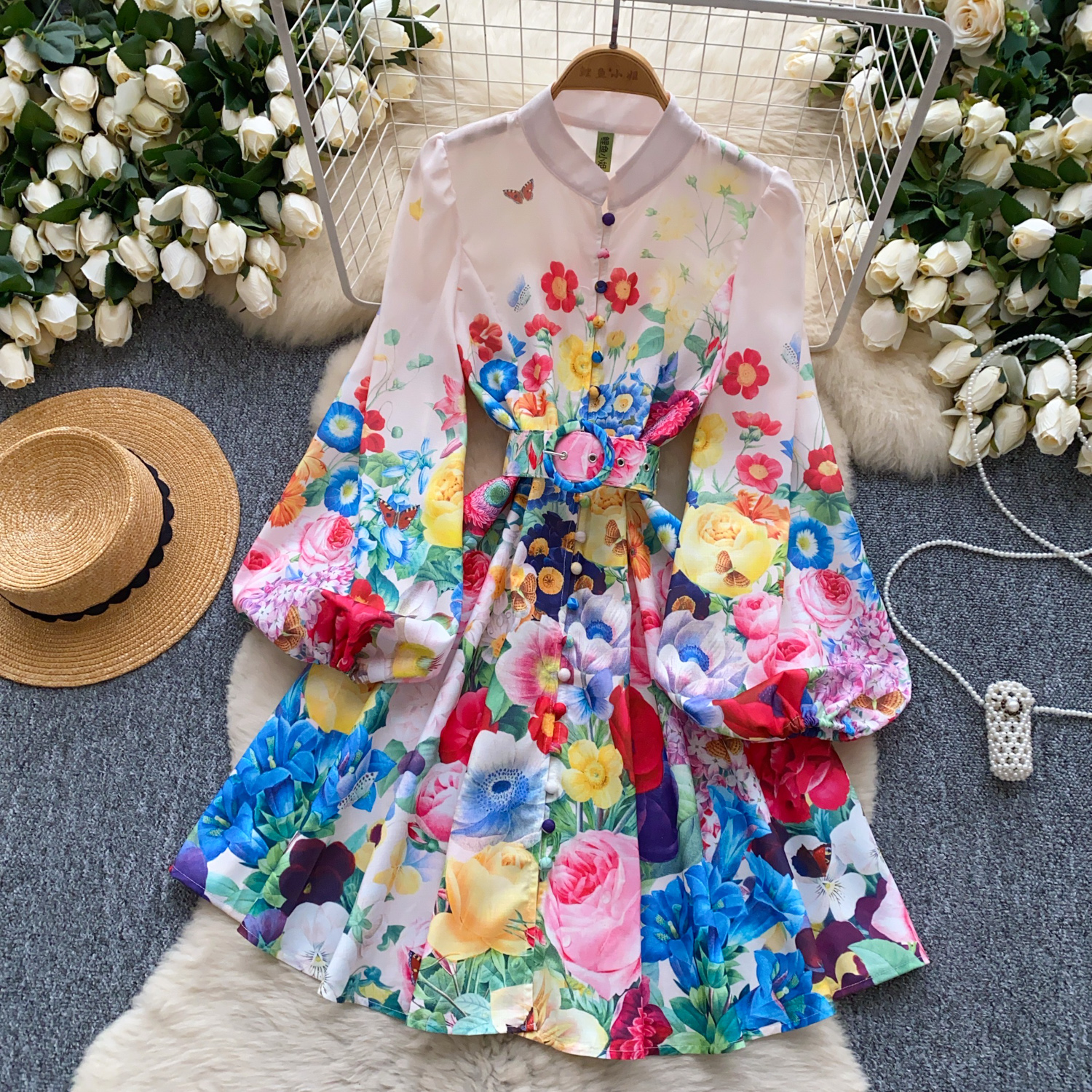 Casual Dresses Summer Gorgeous Flower Blooming Mini Dress Women's Stand Collar Puff Sleeve Buttons Floral Print Lace Up Belt Holiday Beach Vestid