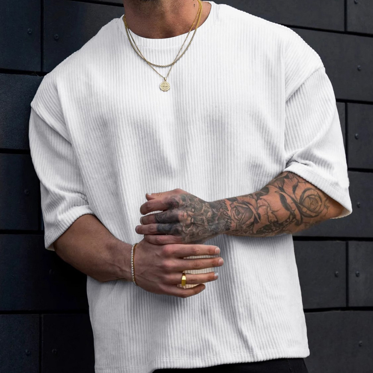 OOTD Summer Short Sleeve T-shirt Men's Corduroy Loose Large Fitness Casual Top