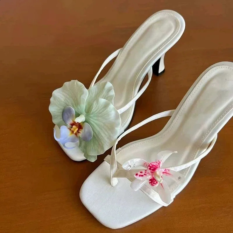 Sweet Flower Women Sandal Green Handmade Asymmetrical Satin Leather Stiletto Half-slip High Heels Summer Flip Flops 250328
