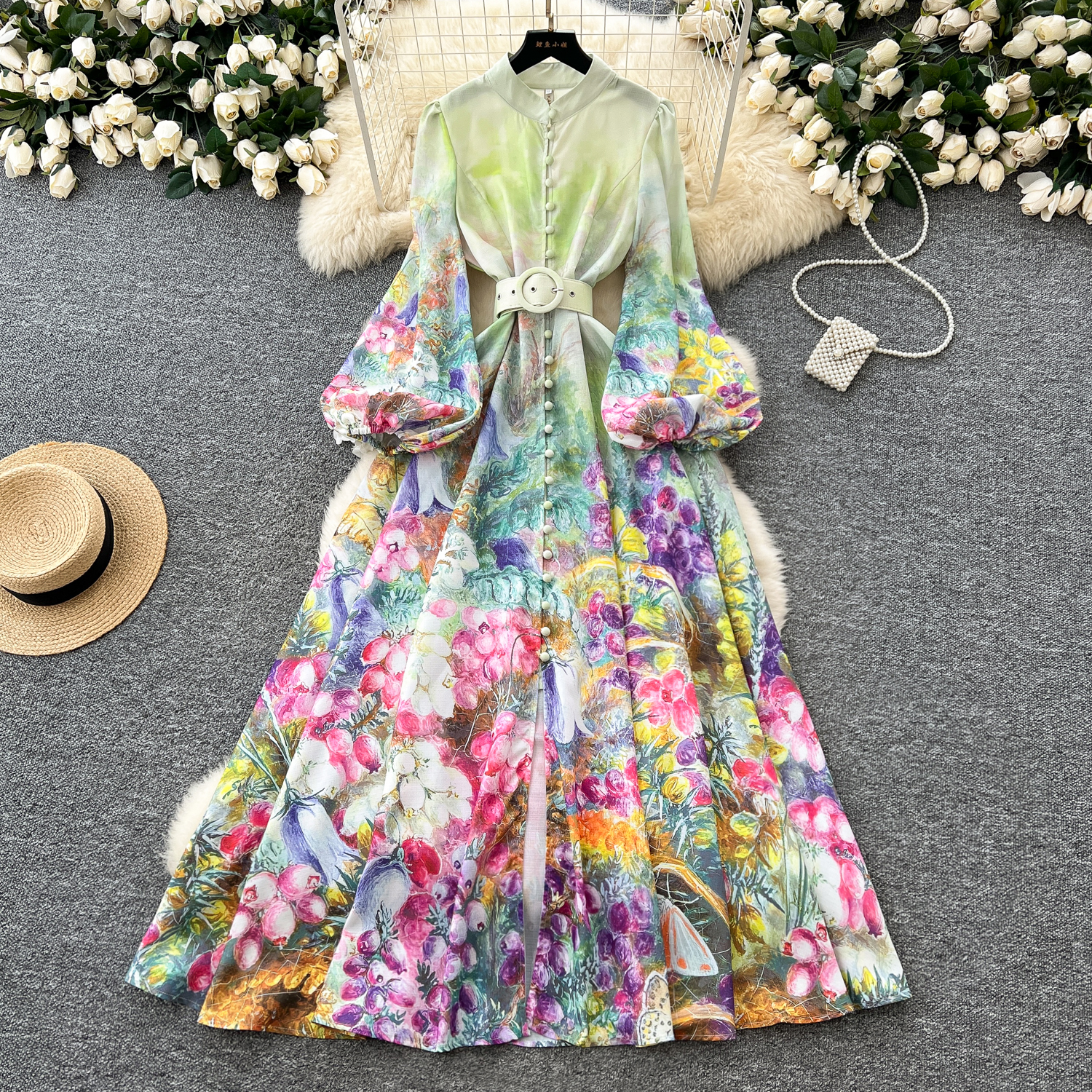 Basic Casual Dresses A Line 2025 Spring Summer Holiday Flower Dress Women's Stand Collar Long Lantern Sleeve Floral Print Belt Linen Clothes Robe