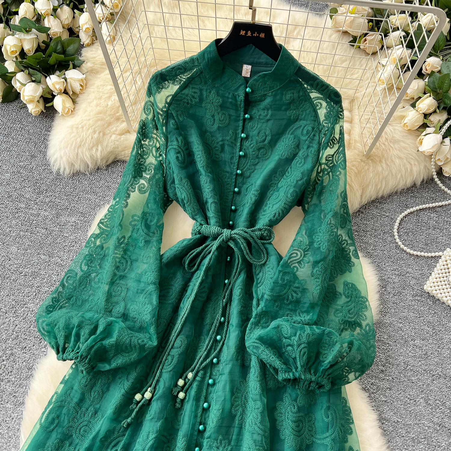 Runway Women Dresses Summer Runway Flower Lace Embroidered Dress French Women Stand Lanetern Sleeve Elegant Sashes Vintage Party Long Robe Vestidos 20
