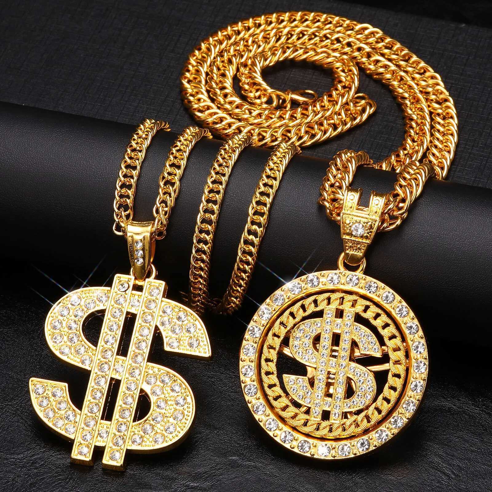 Mens gold dollar signature necklace with Cuban chain hip-hop currency dollar pendant necklace music festival party gift jewelry Y250329