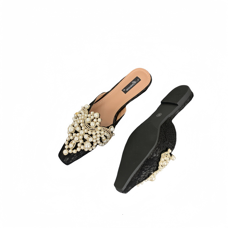 Designer Sandals New Light Luxury Pointed Diamond Pearl Shoes Women's Flat Shoes Baotou Half Slippers Women's Sexy Style Sandals