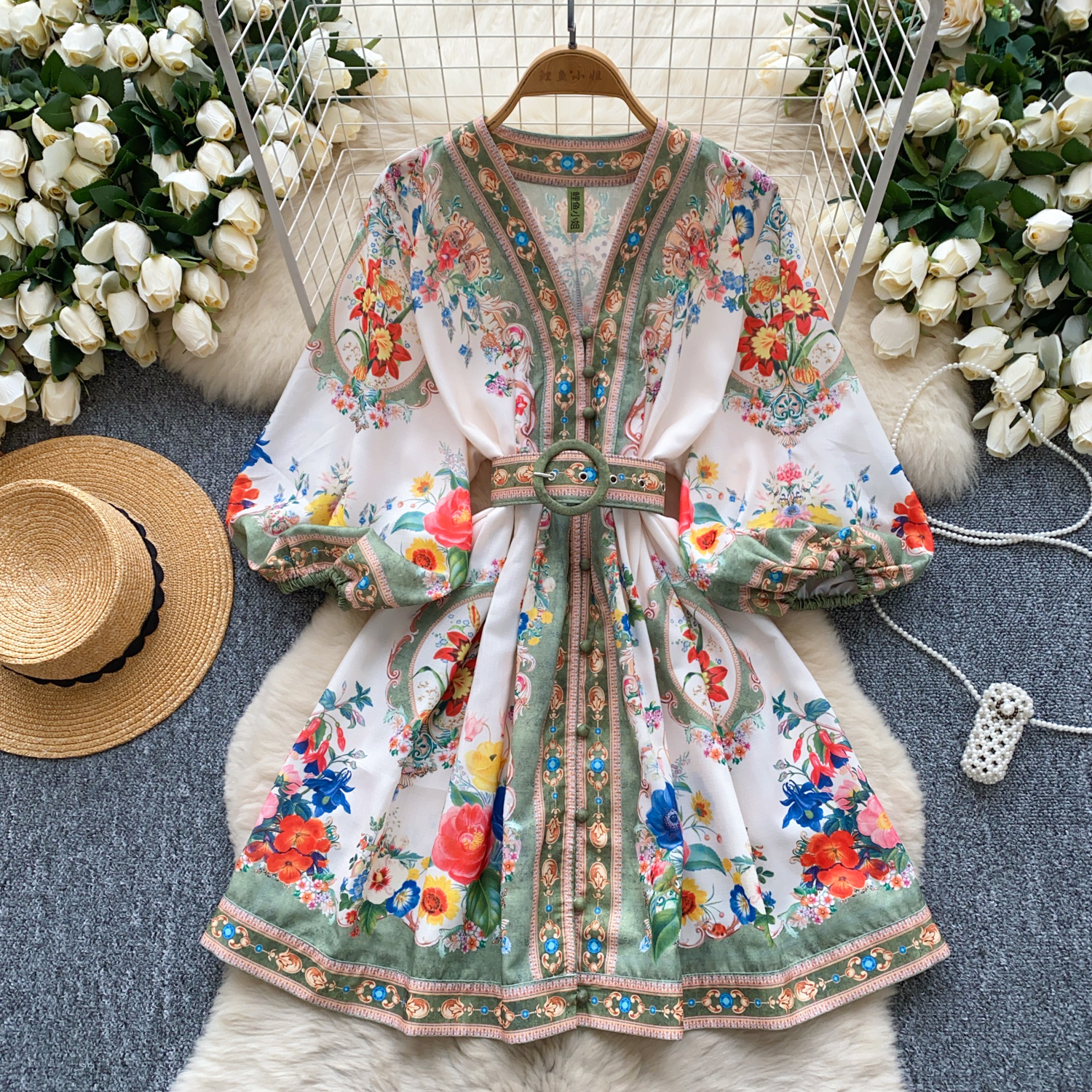 Casual Dresses Spring Summer Lantern Sleeve Floral Print Short Dress Women's V-Neck Single Breasted Belt Mini Party Vestidos Office Lady 2025