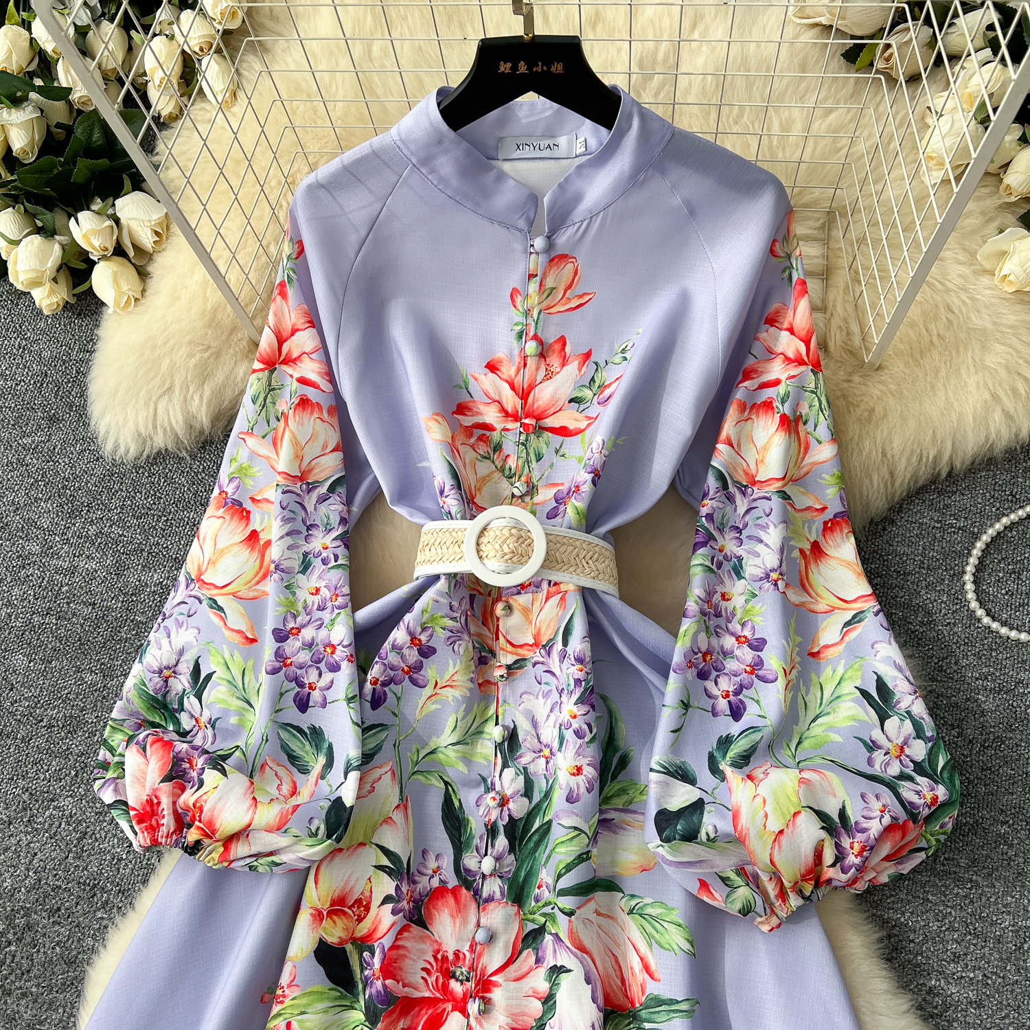 Casual Dresses 2025 Spring Summer Gorgeous Flower Linen Robe Maxi Dress Women Stand Long Lantern Sleeve Floral Print Belt Party Vestidos