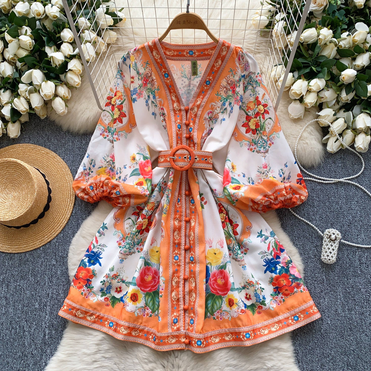 Casual Dresses Spring Summer Lantern Sleeve Floral Print Short Dress Women's V-Neck Single Breasted Belt Mini Party Vestidos Office Lady 2025