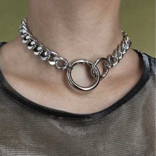1 fashionable round geometric hollow punk personality silver heavy chain necklace for womens parties daily gift jewelry Y250329