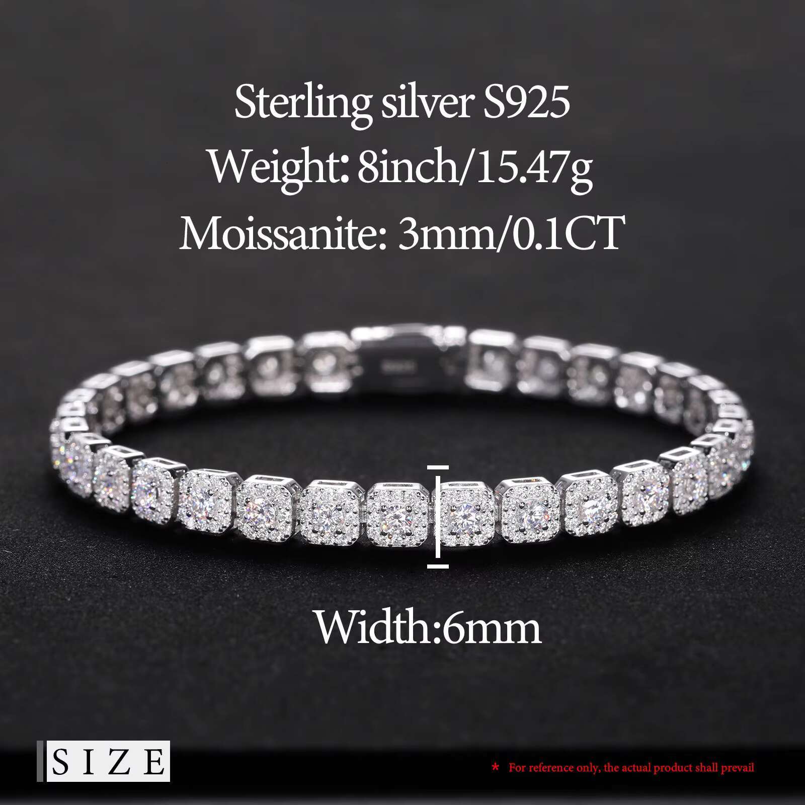 Exquisite 6mm Moissanite High Quality White Gold Color Waterproof 925 Sterling Silver Halo Tennis Bracelet for Men