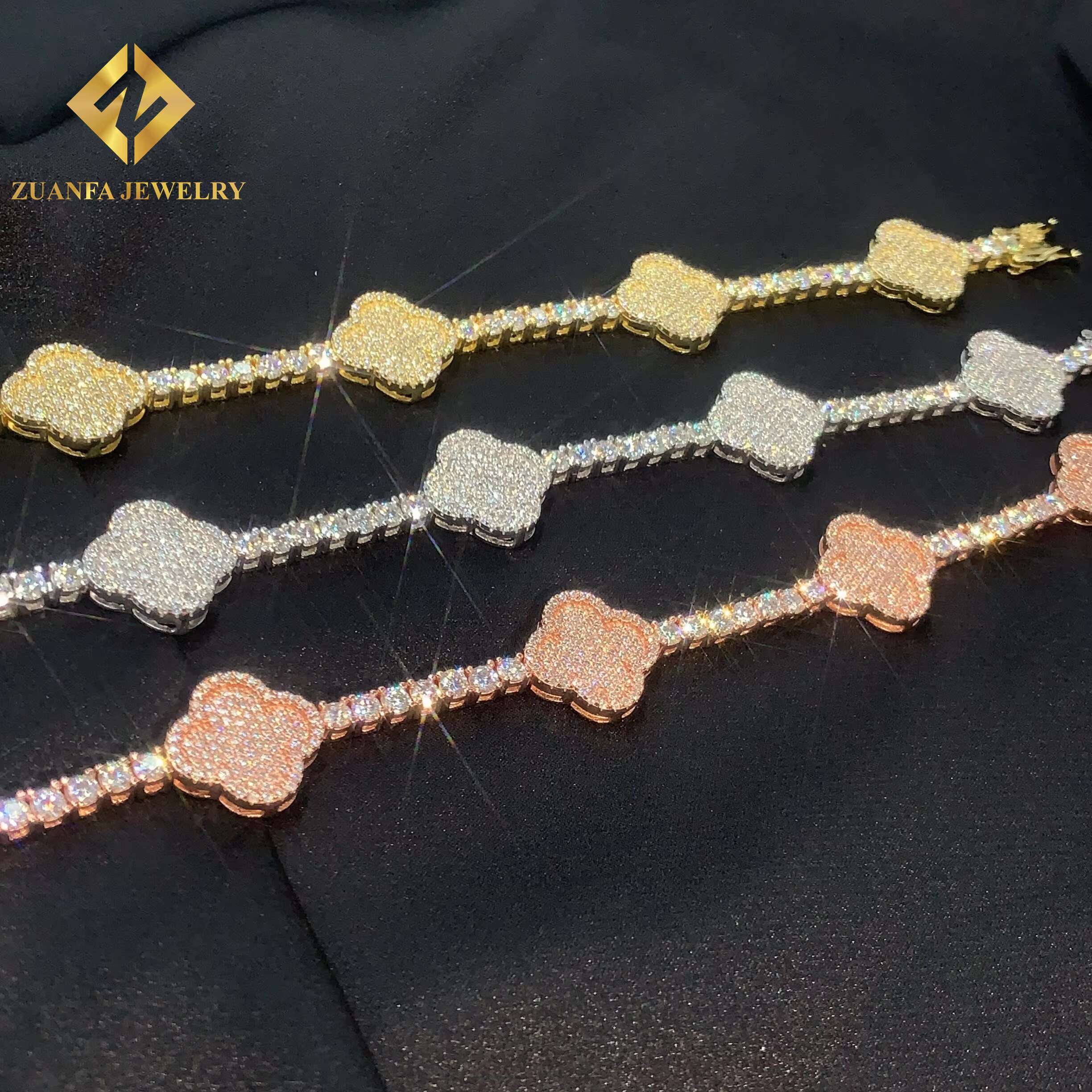 Trendy Tennis Bracelets 925 Sterling Silver Moissanite Diamond Jewelry Clover Design 4MM Tennis Chain Bracelet for Men Women