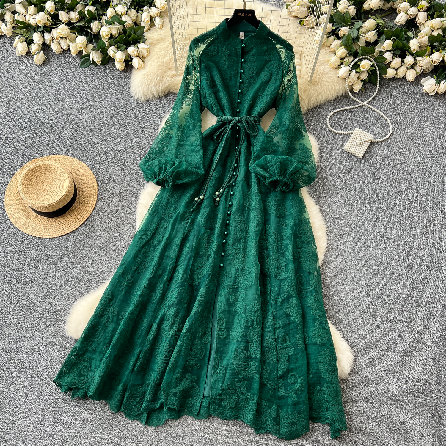 Runway Women Dresses Summer Runway Flower Lace Embroidered Dress French Women Stand Lanetern Sleeve Elegant Sashes Vintage Party Long Robe Vestidos 20