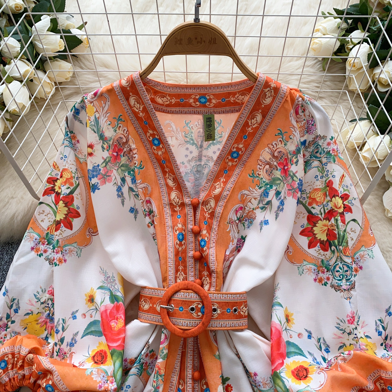 Casual Dresses Spring Summer Lantern Sleeve Floral Print Short Dress Women's V-Neck Single Breasted Belt Mini Party Vestidos Office Lady 2025