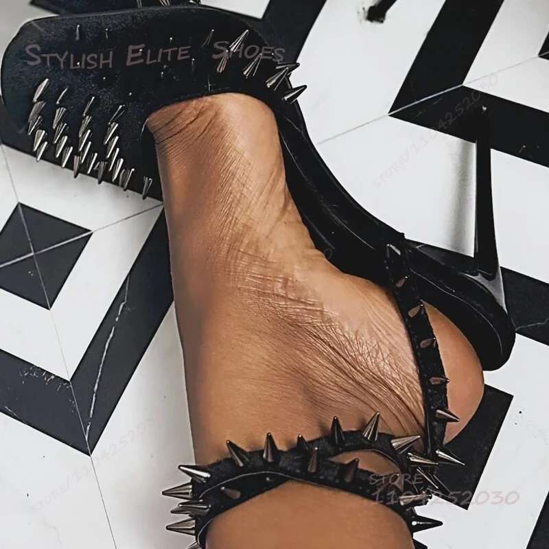 Round Toe Full Stiletto Strap Heel Black Women Rivet Ankle Wrap with Gold Stone Trim Cover Sandals Fringe Cool Girls Shoes
