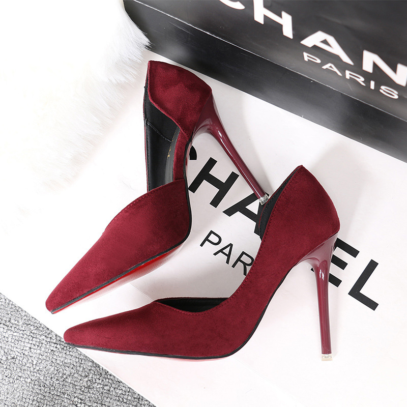 Korean version of fashionable simple thin-heeled high-heeled suede slim-fit shallow-mouthed pointed-toe sexy hollowed-out women's single shoes