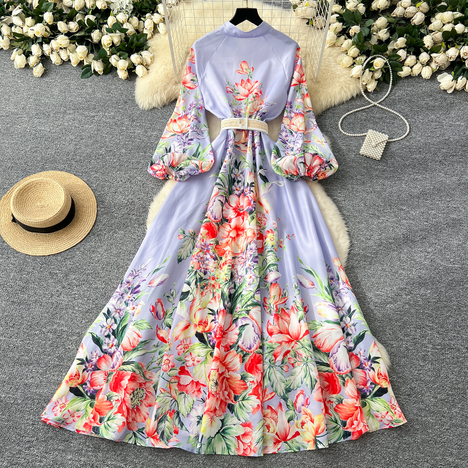 Casual Dresses 2025 Spring Summer Gorgeous Flower Linen Robe Maxi Dress Women Stand Long Lantern Sleeve Floral Print Belt Party Vestidos