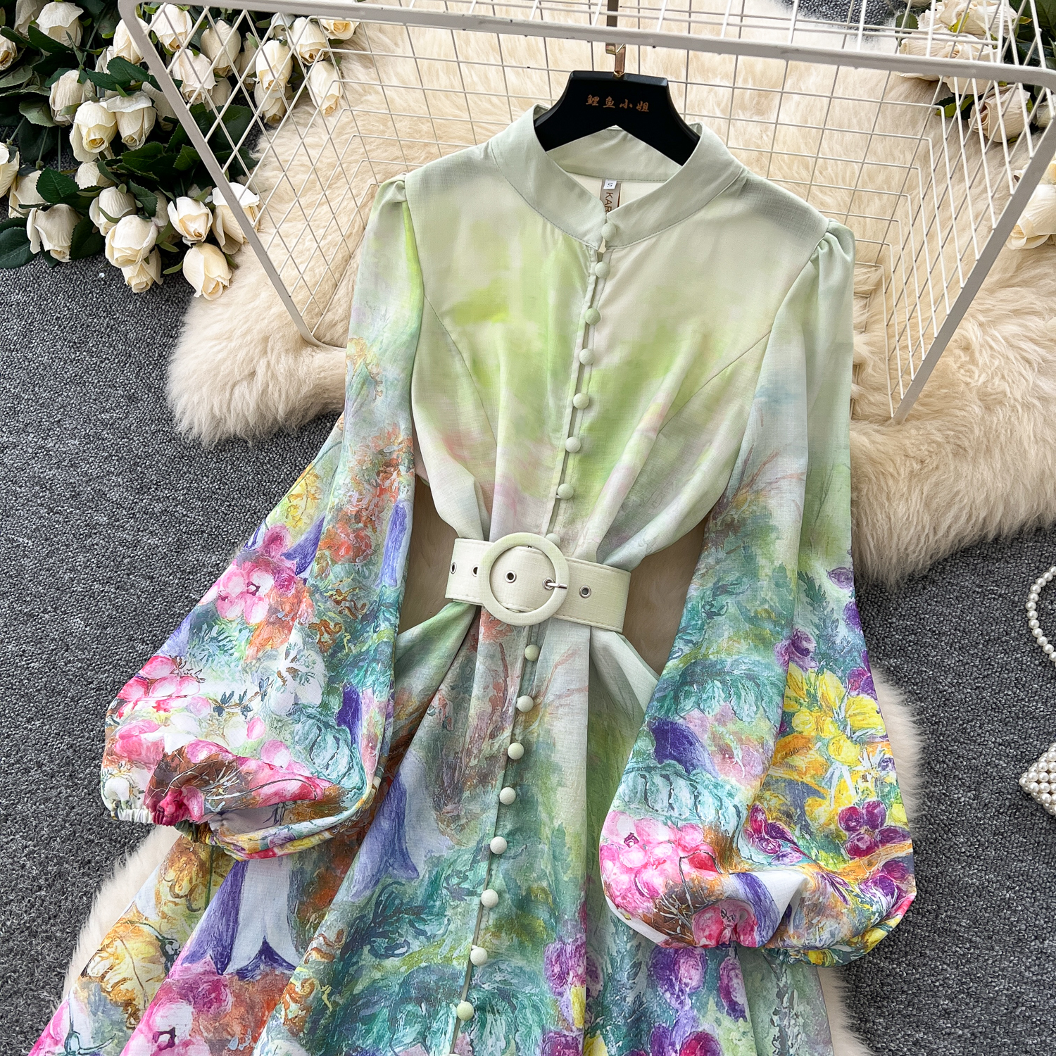 Basic Casual Dresses A Line 2025 Spring Summer Holiday Flower Dress Women's Stand Collar Long Lantern Sleeve Floral Print Belt Linen Clothes Robe