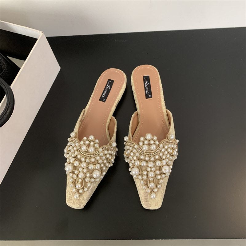 Designer Sandals New Light Luxury Pointed Diamond Pearl Shoes Women's Flat Shoes Baotou Half Slippers Women's Sexy Style Sandals
