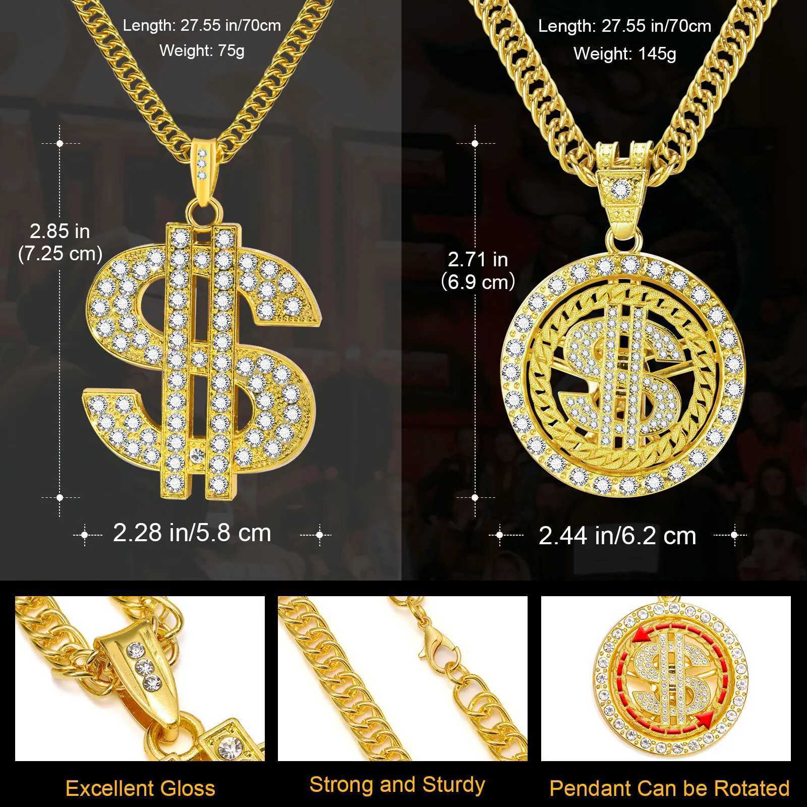 Mens gold dollar signature necklace with Cuban chain hip-hop currency dollar pendant necklace music festival party gift jewelry Y250329