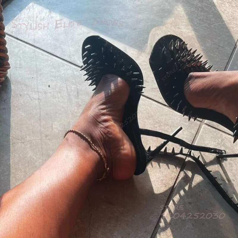 Round Toe Full Stiletto Strap Heel Black Women Rivet Ankle Wrap with Gold Stone Trim Cover Sandals Fringe Cool Girls Shoes
