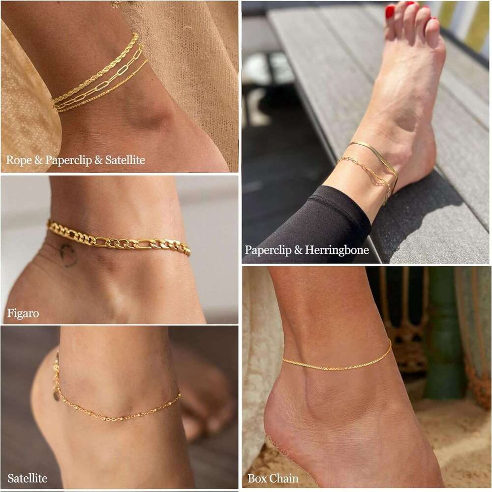 14K Plated Layered Cuban k Chain Waterproof - Dainty Ankle Bracelets for Women Non Tarnish Gold Jewelry Cute Anklets Set Pack Summer Beach Gift