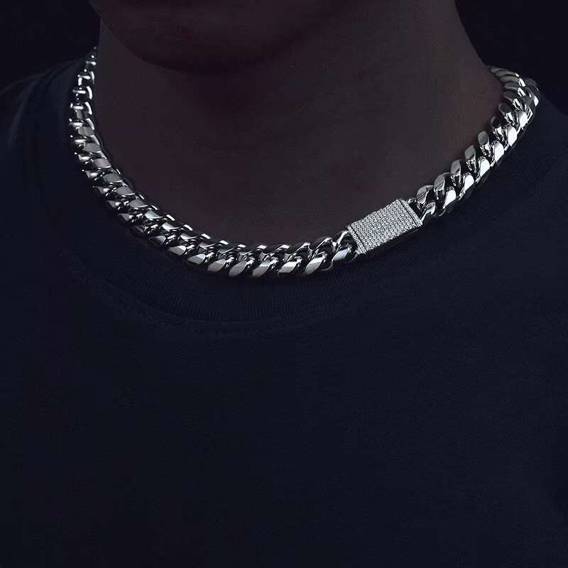 Non Tarnish Waterproof Jewelry Mens 12mm PVD Gold Plated Stainless Steel Iced Out Clasp Plain Miami Cuban Link Chain Necklace