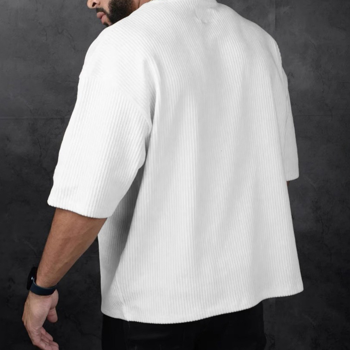 OOTD Summer Short Sleeve T-shirt Men's Corduroy Loose Large Fitness Casual Top
