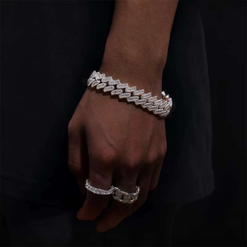 Homme Iced Out Rappers Jewelry Hiphop Men 16mm Sterling Sier VVS Baguette Moissanite Dia Miami Cuban Link Bracelet