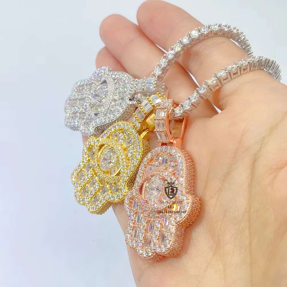 Fashion New Design Oval Eye Hamsa Hand Pendant Necklace Wholesale Custom Fancy Shape Vvs Moissanite Pendant
