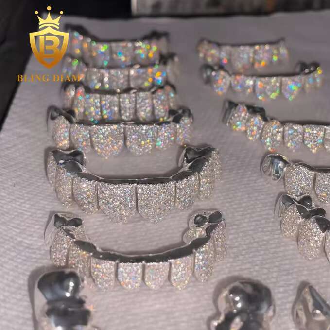 Custom Hip Hop Jewelry 3 Color 8 TOP and 8 Bottom Moissanite Grillz 925 Silver Iced Out Rapper Grillz Pass Diamond Tester