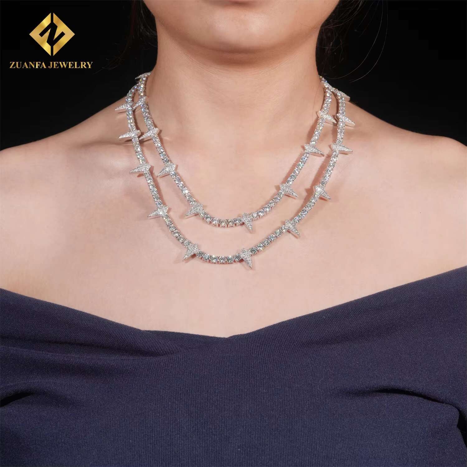 Pass Diamond Tester New Iced Out Hip Hop Jewelry 4MM Pointed Tennis Chain 925 Silver VVS Moissanite Diamond Tennis Necklace