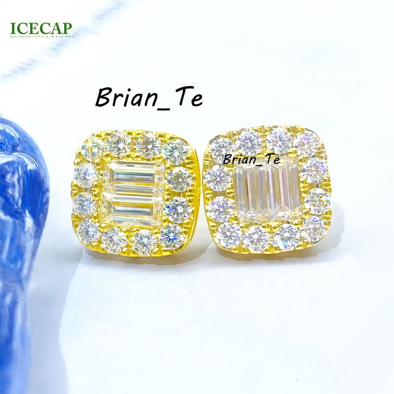 Luxury VVS Moissanite Diamond 925 Silver Solid Gold Stud Earrings Baguette Cut Men Women Moissanite Earrings