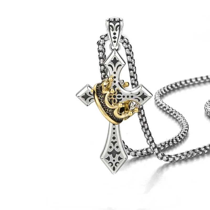Fashion Punk Crown Cross Necklace for Men Retro Hip Hop Copper Couple Pendant Sweater Chain Jewelry Accessories Holiday Gifts Y250329