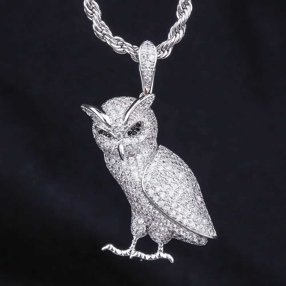 Hip hop Ice Out Owl Necklace Shining Bing Cube Zirconia Animal Bird Pendant Mens Cool Rock Rap Trend Jewelry Y250329