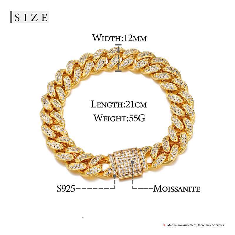 12MM Width 925 Sterling Silver Iced Out VVS Moissanite with GRA Certification Cuban Link Bracelet Hiphop Jewelry for Men Women