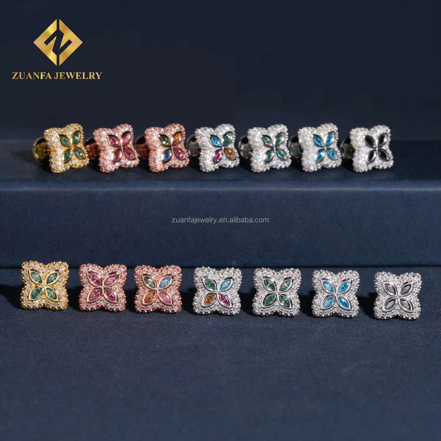 New Arrivals Flower Design Jewelry 925 Sterling Silver Colorful Moissanite Diamond Stud Earring Hip Hop Iced Out Earring