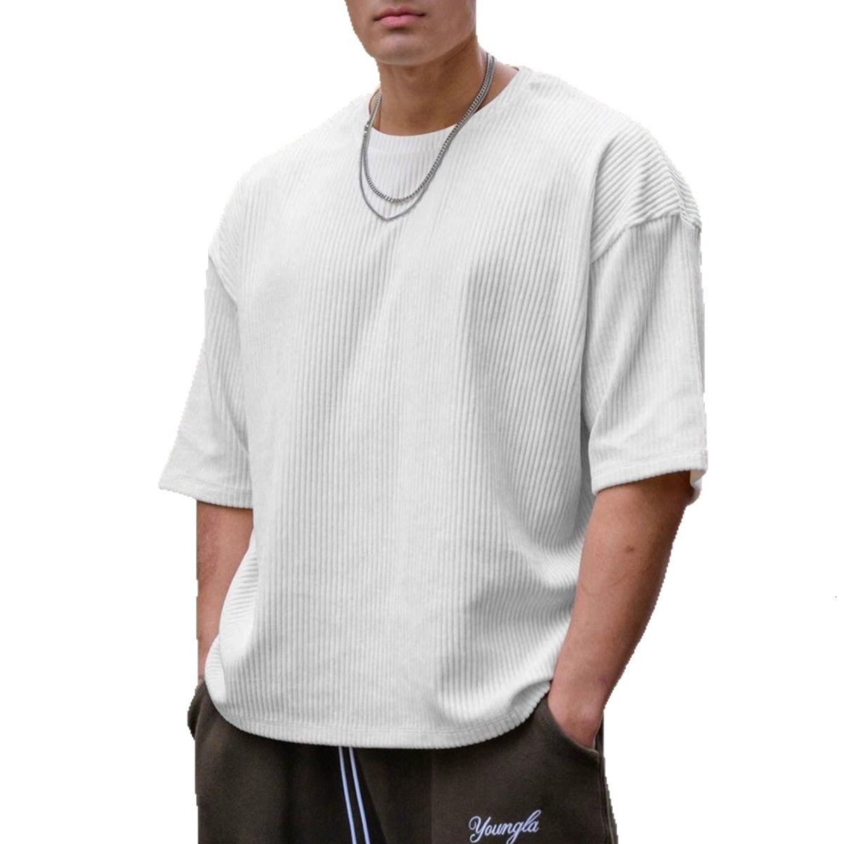 OOTD Summer Short Sleeve T-shirt Men's Corduroy Loose Large Fitness Casual Top