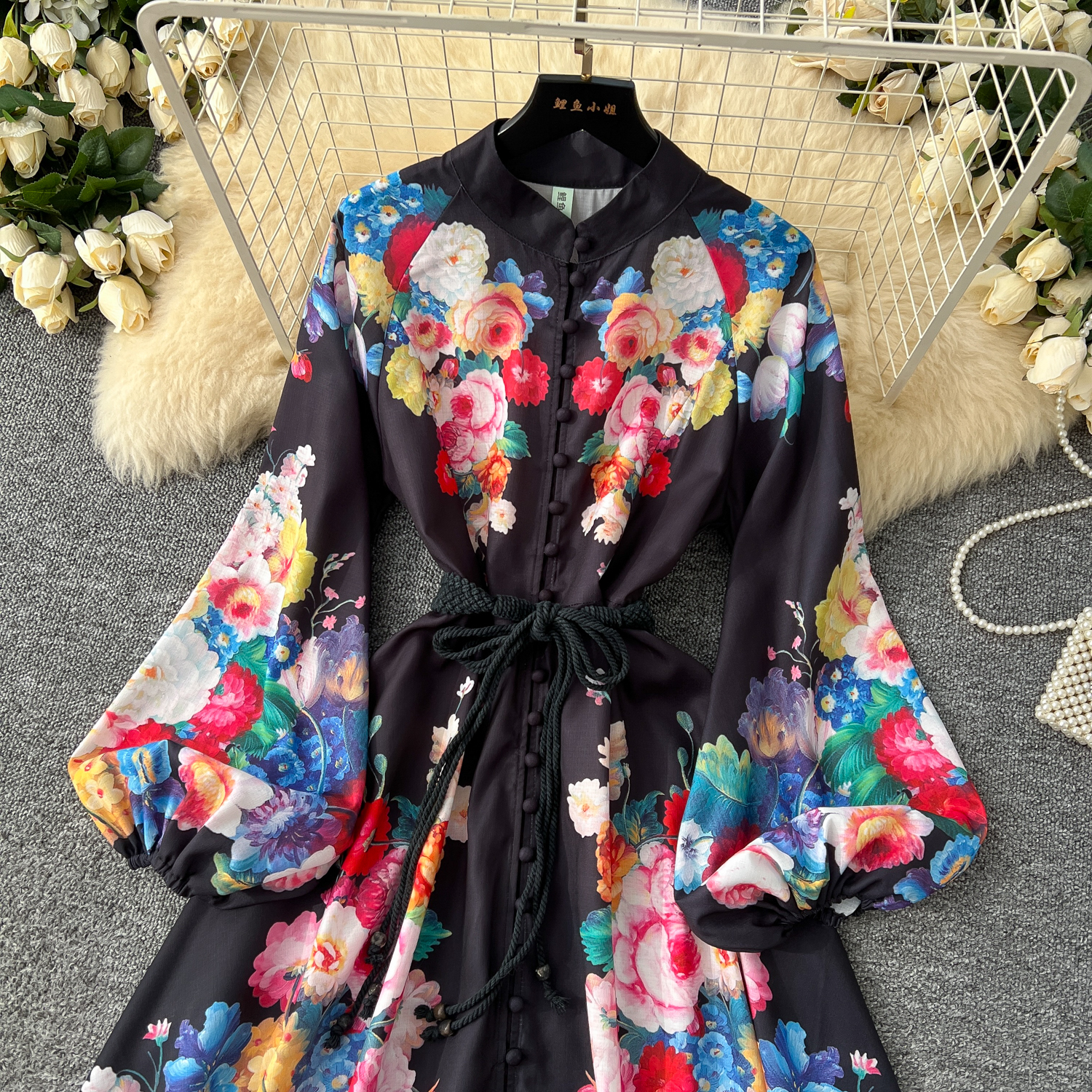Casual Dresses Spring Summer Holiday Gorgeous Flower Maxi Dress Women's Stand Long Lantern Sleeve High Waist Floral Print Lace Up Long Vestido 20
