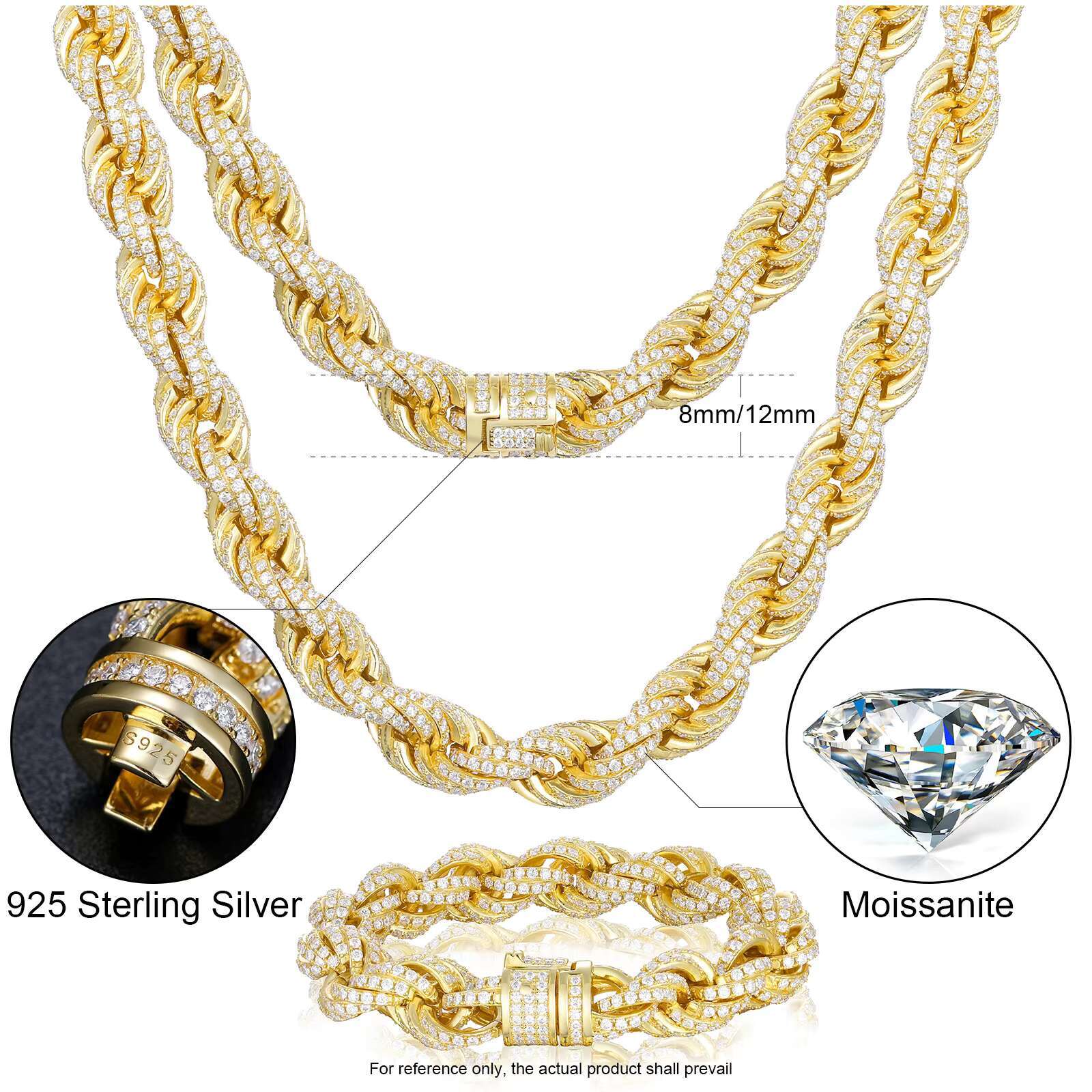 14mm VVS Moissanite Rope Chain Bracelet 925 Sterling Silver Mossanite Diamond Iced Out Mens Bracelet With GRA Certificate