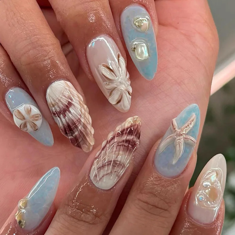 24Pcs Sweet Cool Almond Nail Set Press on Acrylic Nails 3D Floral Butterfly Fake Nail Full Cover French Tip Artificial Nails Art 250328