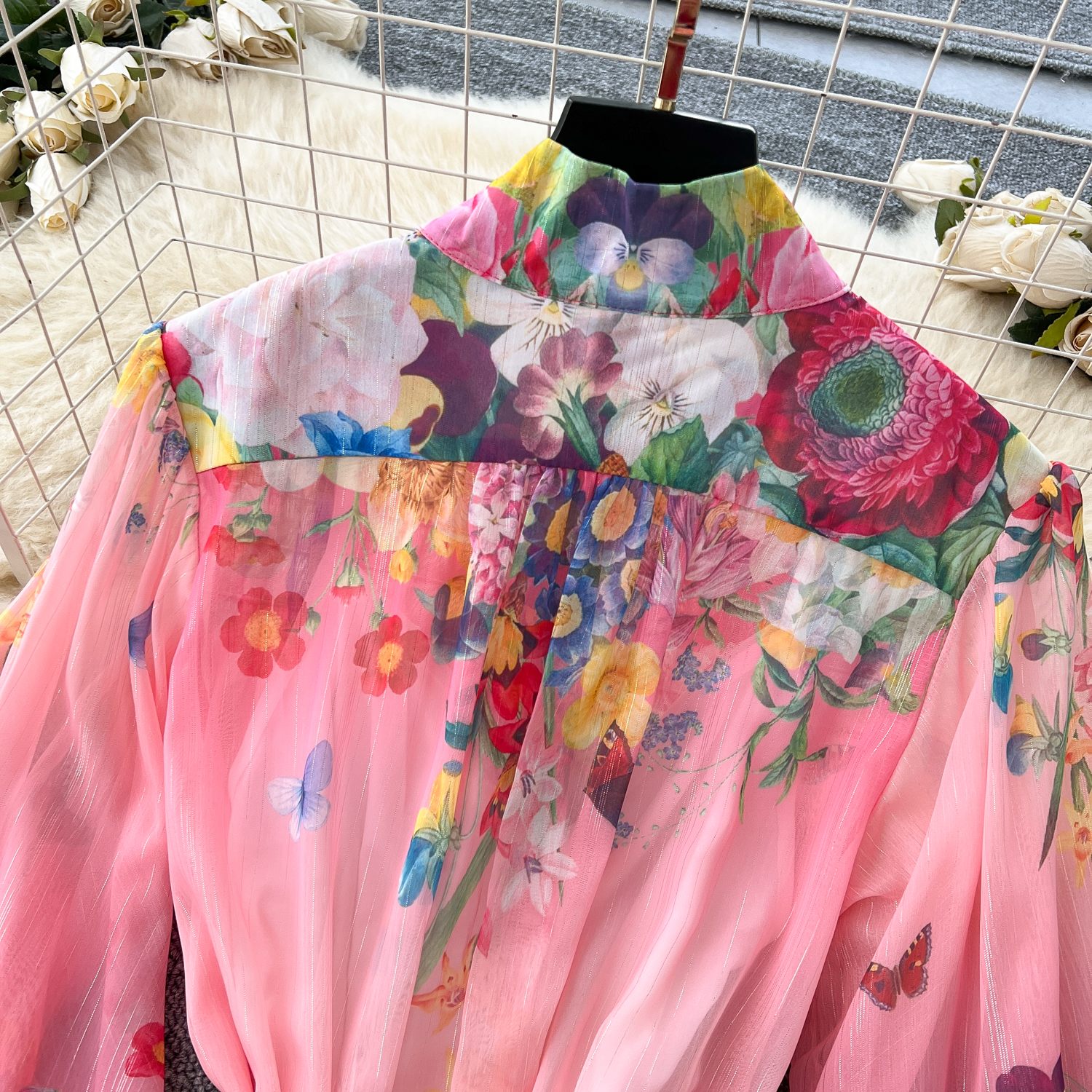 Basic Casual Dresses 2025 Summer Bohemian Chiffon Maxi Dress Women's Stand Collar Long Lantern Sleeve Floral Print Belt Lace Up Beach Vestidos