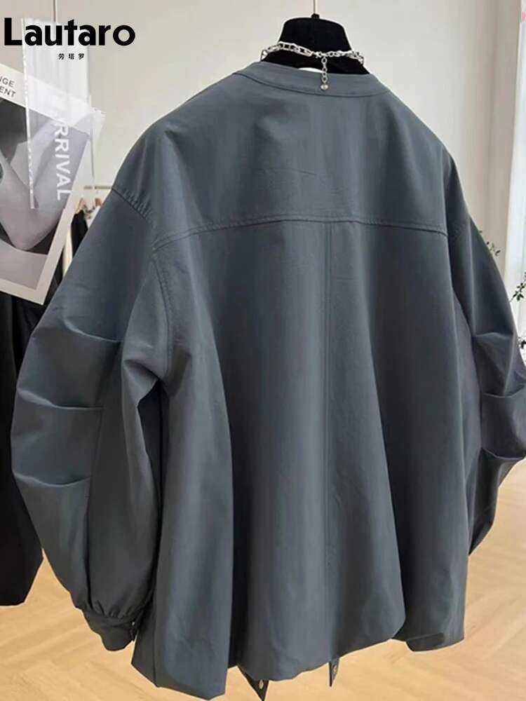 Lautaro Spring Autumn Elegant Chic Gray Jacket Women Long Sleeve Stand Collar Loose Designer Korean Style Clothing 2024